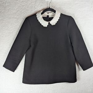 Sezane Black Blouse with Removable White Scalloped Collar